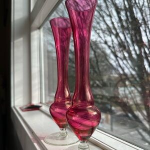 Vintage cranberry Glass Vases. Set of two. Possibly Pilgrim glass?